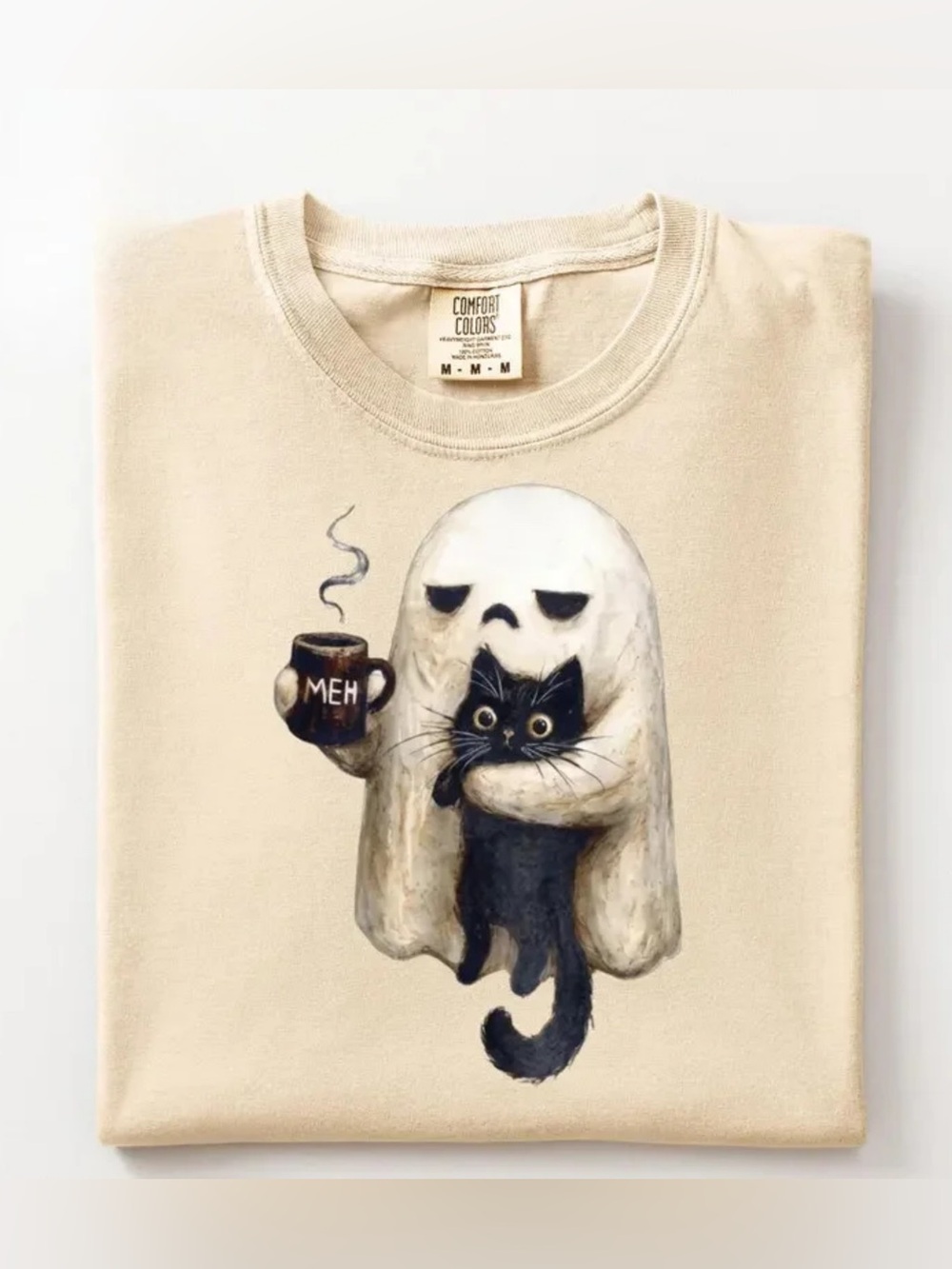 Comfort Colors Ivory Tee with Ghost Holding Black Cat and 'MEH' Mug